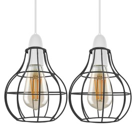 DC Voltage 2 Pack of Metal 16cm Diameter Round Shape Black Cage Indoor Hanging Vintage Pendant E27 Light Shade Easy Fit for Living Room Bedroom Restaurants Kitchen