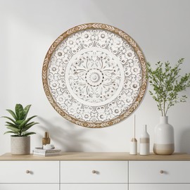 PARISLOFT Farmhouse Round Wood Floral Wall Decor, Cutout Bohemian Wall Sculpture, Carved Wall Art for Living Room, Bedroom, Entryway, 24.8''