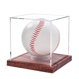 Baseball Display Case, No Assembly Required Clear Cube Tennis Ball Holder with Solid Wooden Base, Autograph Baseball Stand Box for Single Ball (1 Pack)