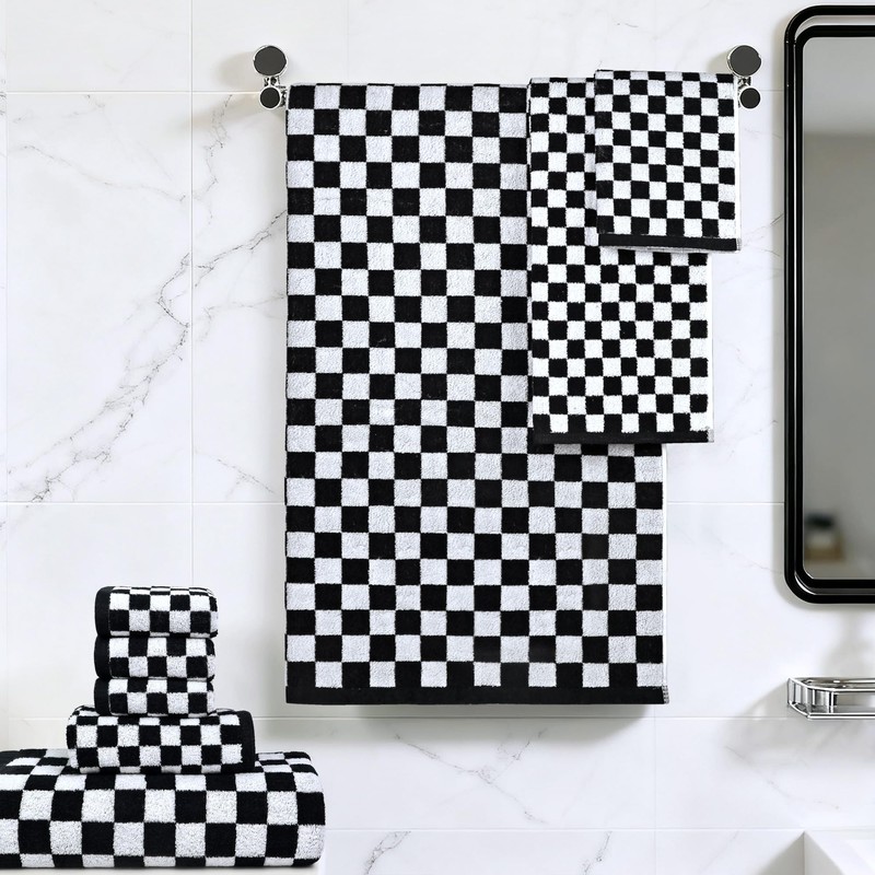 Black and White Towels Set of 8, Cute Checkered Towels