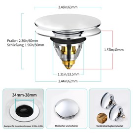 Sink Plug, Universal Pop Up Plug, Sink Drain Strainer, Drain Set, Drain Plug for Countertop Sink, Bath Plug with Anti Clogging Strainer, Large Lid (34-38 mm)