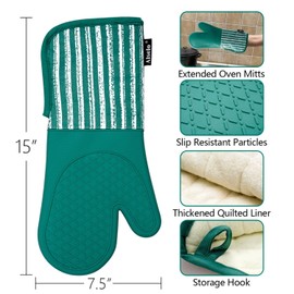 Alselo Silicone Oven Mitts Heat Resistant 932℉ with Waterproof & Non-Slip Kitchen Mittens, Set of 2 Extra Long Oven Gloves with Soft Cotton Terry Lining for Baking Cooking Barbecue (Emerald Green, 2)