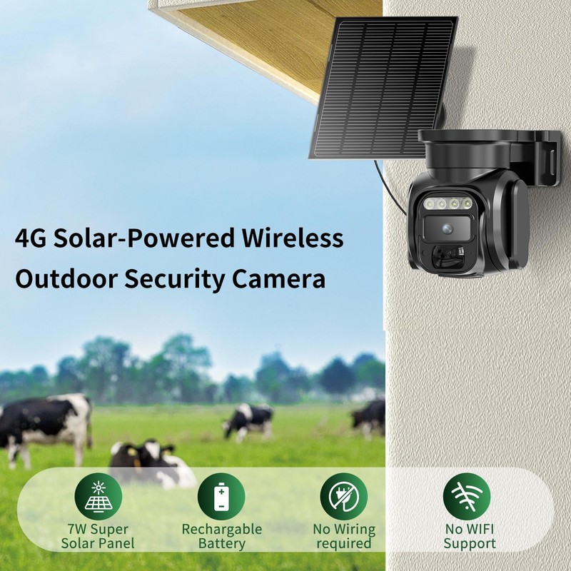 4G LTE Cellular Solar Powered Security Camera Wireless Outdoor, No