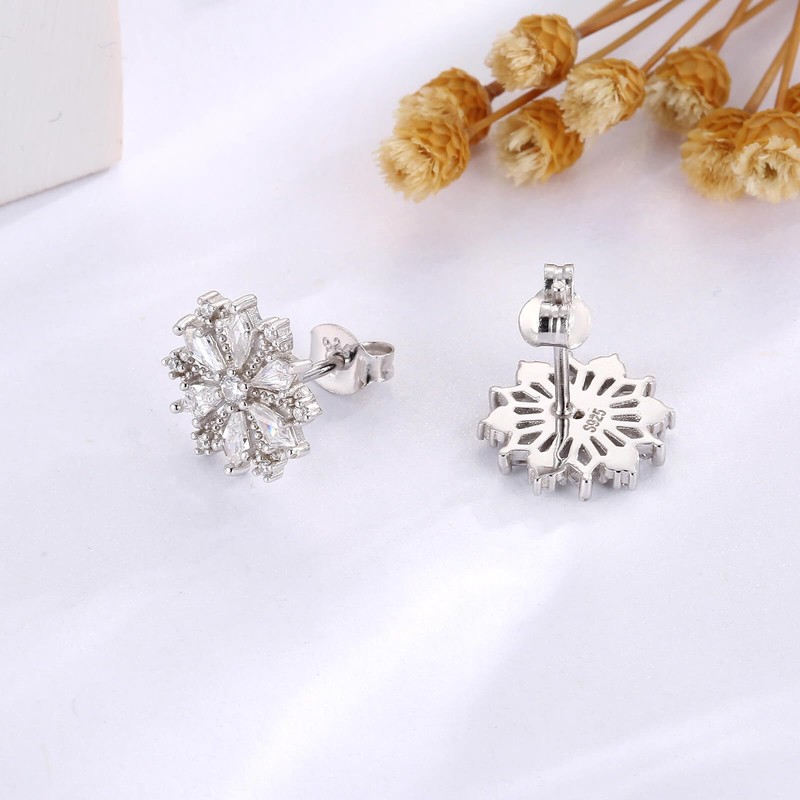 925 Sterling Silver Snowflake Earrings Stud with CZ Hypoallergenic Winter