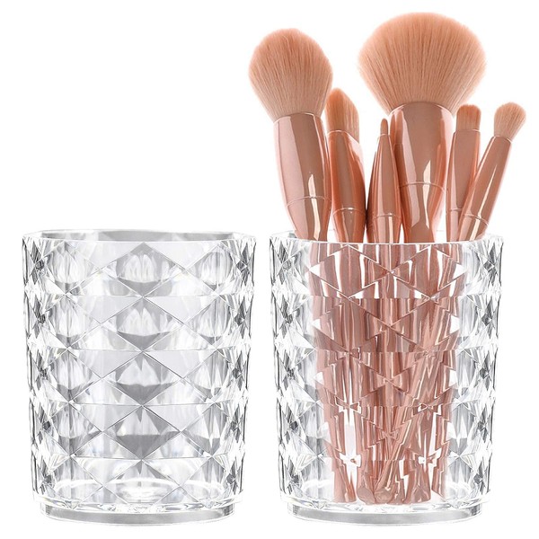 2Pcs Crystal Makeup Brush Holder Organizer Acrylic Cosmetic Brush Storage Bucket Eyeliners Eyebrow Pencil Cup Pen Container Desktop Decoration Display Case for Home Office Birthday Gift