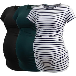 Smallshow Women's Maternity Tops Side Ruched Tunic T-Shirt Pregnancy Clothes Medium Black-Deep Green-White Stripe