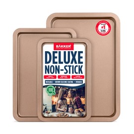 BAKKEN 3-Piece Kitchen Baking Pans - Small, Medium, and Large Cookie Pan, With Nonstick Coating, Stackable and Space-saving Design, PFOA, PFOS, PTFE Free, Oven Safe Tray (Up To 450°F), Brown