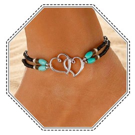 Jovono Boho Anklet Heart Shape Multilayer Turquoise Bracelet Beads Adjustable Anklet Set for Women and Girls (D)