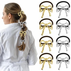 8PCS Lexziuo Gold & Silver Bow Hair Ties for Women, Elegant Metal Hairband & Headband Decor Accessories, Shiny Hair Elastic Bows, Fashion Hair Tie Supplies