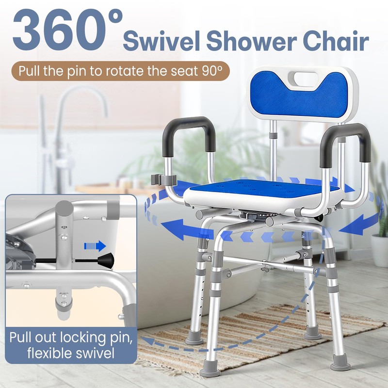 360° Swivel Shower Chair, 550 lbs Capacity, Removable Back and