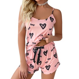 GORGLITTER Women's 2 Piece Heart Print Summer Pajama Set Scoop Neck Sleeveless Cami Tops and Shorts Loungewear Coral Pink XL