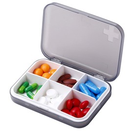 ZDQZC Pill Organizer - Portable Pill Box Small Pill Container for Purse or Pocket, Excellent Pill Storage Case (Gray, 6 Compartment)