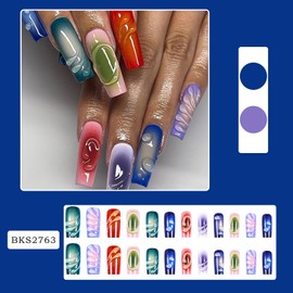 Press on Nails Long Square Colorful Obrem Fake Nails Three-Dimensional Water Droplet False Nails with Designs Full Cover Summer Acrylic Nails Glossy Glue on Nails Artificial Nails for Women Girls