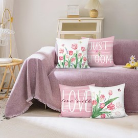 Bonhause Spring Floral Cushion Covers 45 x 45 cm Pink Tulips Butterflies Soft Velvet Decorative Throw Pillow Covers for Sofa Couch Bed Home Garden Outdoor Decor Set of 4