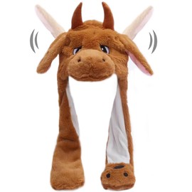 Plush Animal Ear Moving Jumping Hats Movable Dancing Ear Flap Hat Earflaps Movable Fluffy Cap(Cattle, Brown)