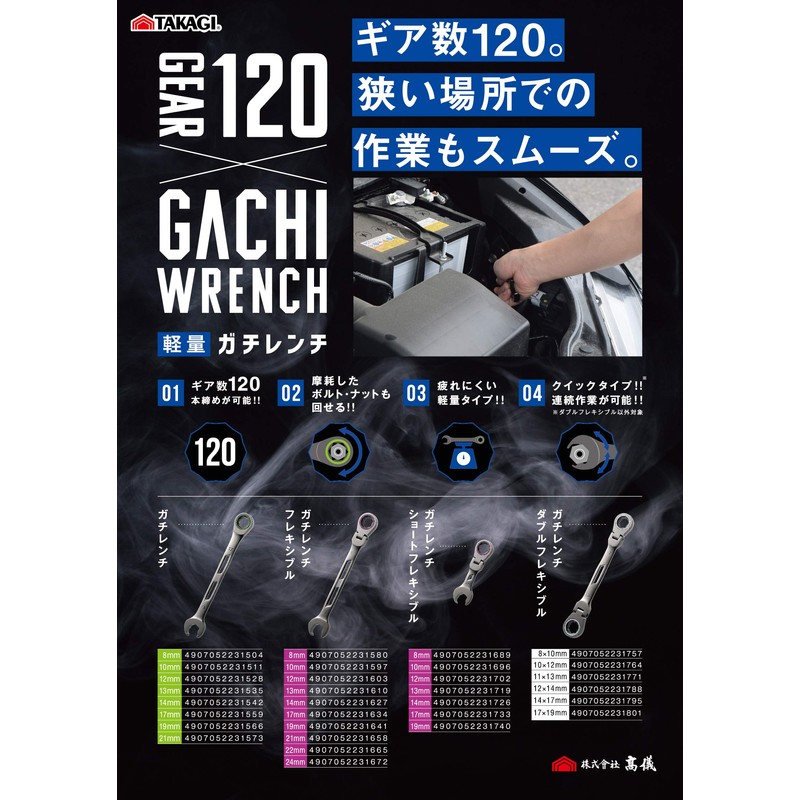 Takagi Gachi Wrench Short Flexible 8mm【120 gears allow for secure