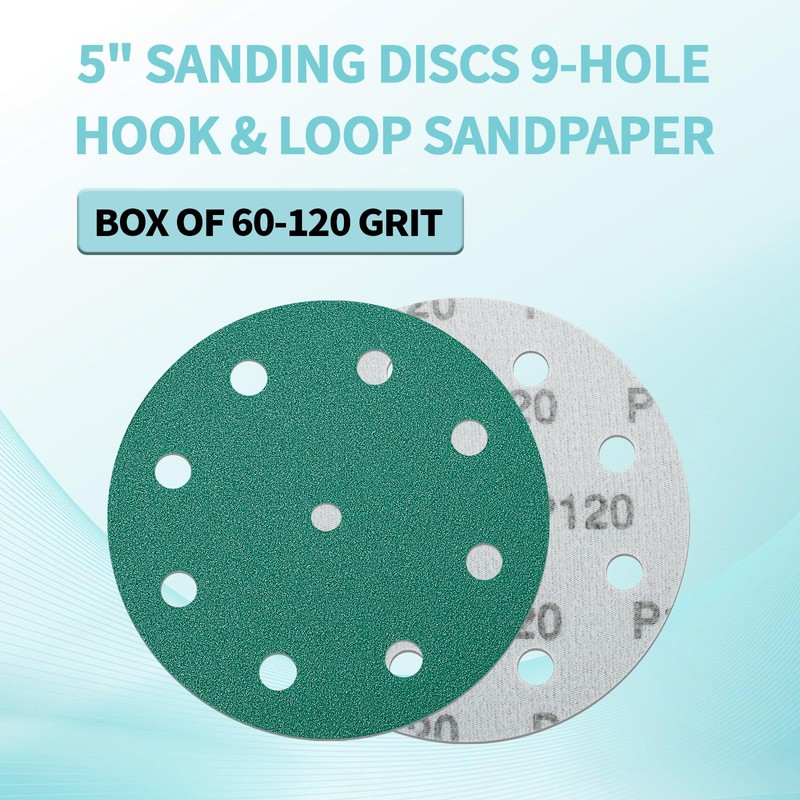 60-Pack 5 Inch 9 Hole 120 Grit Sanding Discs, Heavy-Duty