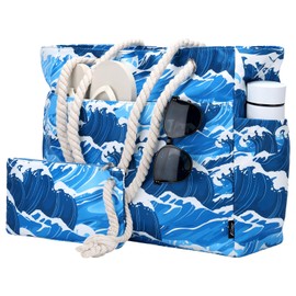 Kasgo Beach Bag for Women, Large Water Resistant Summer Tote Bags Lightweight Sandproof Pool Bag Zipper Gym Bag Shoulder Bags with Small Pouch for Travel Shopping Camping, Blue Wave