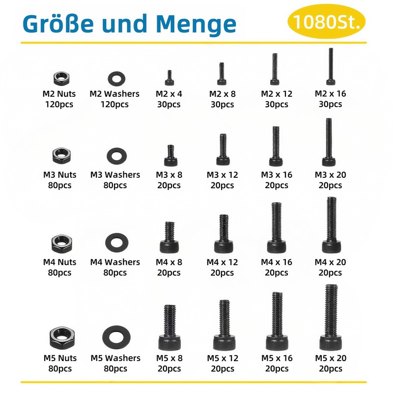 WZHUIDA 1080 Piece M2 M3 M4 M5 Screws Set, Black