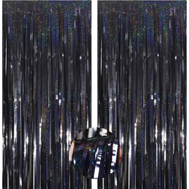 Black Halloweens Party Foil Fringe Curtains - 2 Pack Metallic Tinsel Photo Booth Streamers Backdrop for Birthdays, Stranger Theme, Music, Prom, Christmas Party Decorations