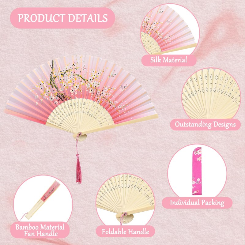 3PCS Folding Hand Fans with Tassel and Fabric Sleeves, Bamboo