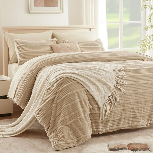 7 Pieces Fluffy Full Comforter Set, Beige Fleece Striped Bedding