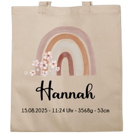 Geschenk mit Namen personalisiert by Shirtracer - Cotton Bag - Rainbow with Name | Rainbow Miracle | With Birth Date Name Date Time Weight and Size, 2 natural white