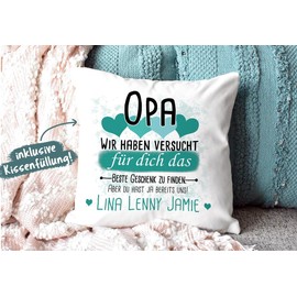 PR Print Royal Kissen mit Füllung Opa von mehr Kindern - Personalisiert mit Wunschnamen in Türkis - zum Geburtstag und Vatertag - Kissen Polyester weiß - flauschig, 40 x 40 cm