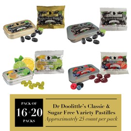 Dr. Doolittle’s Soft Fruit Pastilles Classic and Sugar Free Variety Pack for Voice and Throat, Blackcurrant, Lemon Lime, Wild Berries, 2.12 Ounce Tin, 16 Pack and .33 Ounce Travel Size Bag, 20 Pack