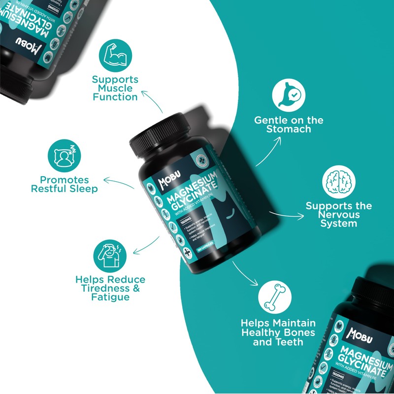 MOBU Magnesium Glycinate 1500mg with Vitamin B6 – 120 Vegan