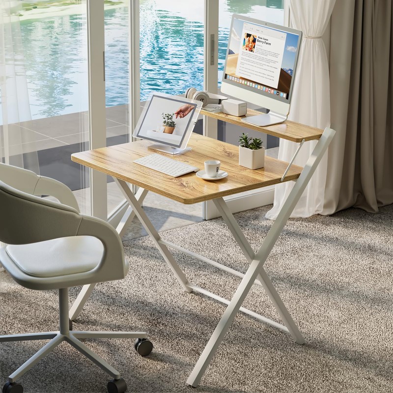 GreenForest No Assembly Folding Desk, 2-Tier Compact Computer Desk with