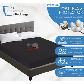 100% Organic Cotton Mattress Protector Super King 182x200 Size Mattress Cover 250GSM, Waterproof Mattress Protector, Noiseless & Vinyl Free Mattress Cover Fits upto 40cm Mattress (Black)