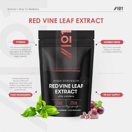 Red Vine Leaf Extract 650mg - 30% Polyphenols (195mg) Equivalent to 9,750mg Red Vine Leaf - 90 Vegan Capsules - Resealable and Recyclable Pouch – by Alpha01