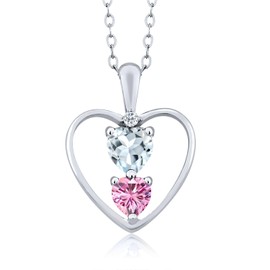 Gem Stone King 925 Sterling Silver Sky Blue Aquamarine Pink Moissanite and White Topaz Pendant Necklace For Women (0.68 Cttw, Gemstone March Birthstone, Heart 5MM and 4MM, with 18 Inch Silver Chain)