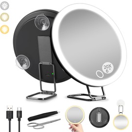 saiggnyy 6" 20x Magnifying Mirror with Light Suction Cup,Led Close up Makeup Mirror for Tweezing with 360° Stand,3 Color Lighted Personal 20x Mirrors,20 Times Concave Zoom for Closer Partial Details