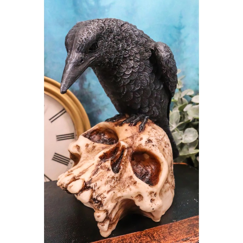 Foreboding Dark Crow Raven On Skull Statue 5"Tall Ossuary Scavenger