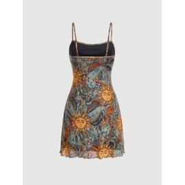 Milumia Women's Vintage 90s Mini Dress Spaghetti Strap Boho Mesh Short Dresses Allover Sun Print Multicolor X-Small