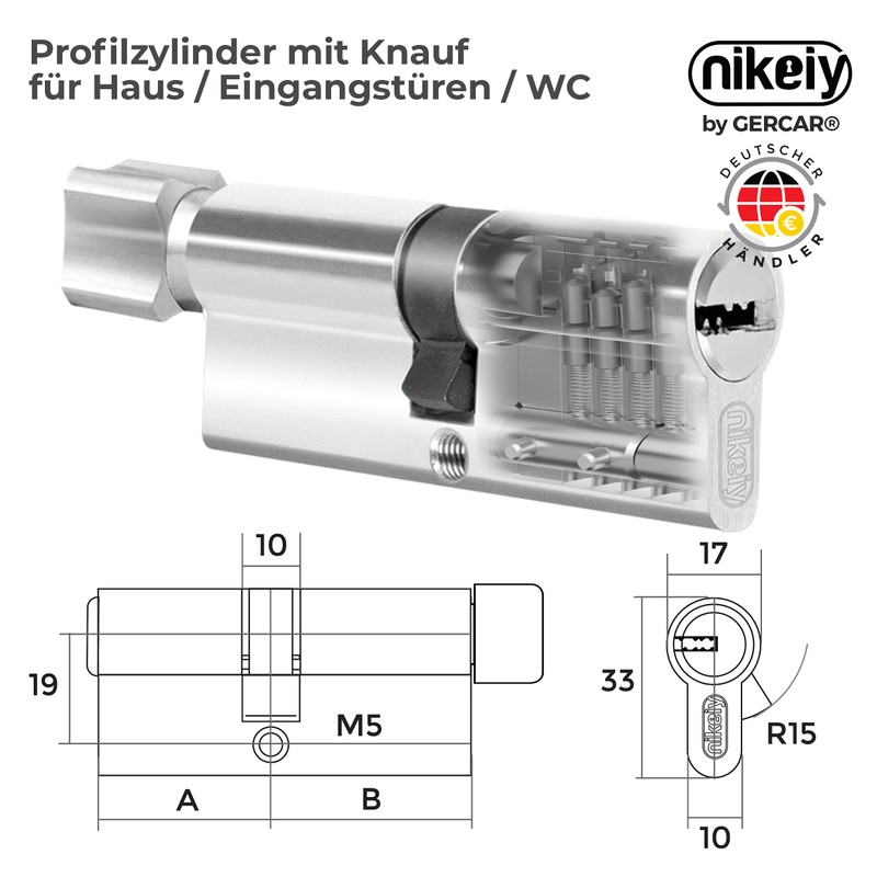 GERCAR 3x Knob Cylinder Simultaneous Locking 3 Locking Cylinders 45/45