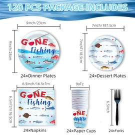 EggSun Gone Fishing Birthday Party Plates and Napkins Decorations Kit,Fishing Themed Tableware Supplies for Birthday Little Fisherman Favors Party Decor Service 24 Guests
