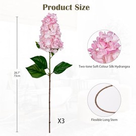 3 piezas de flores artificiales de hortensia de 28 pulgadas de tallo largo, flores falsas rosadas para jarrón, decoración de flores de seda de tacto real para arreglos florales, hogar, casa de campo
