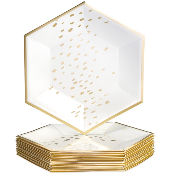 Silver Spoons Hexagon Design Disposable Paper Plates Heavy Duty Paper Plates 7 inch, Disposable Party Dessert Plates, Gold Dinnerware Set Great for Baby Showers, Weddings & Events, Ivory (18 Pc)