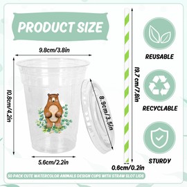 Whaline 60Pcs Woodland Animal Disposable Plastic Cups with Lids and Straws 12oz Clear Cold Beverage Drinking Cup with Jungle Animal Stickers for Baby Bridal Shower Birthday
