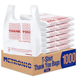 METRONIC 1000 Count White Thank You Bags with Handles, 12" x 6.5" x 21" Plastic Carry Bags for Retail, Supermarket, Grocery Shopping Bag for T-shirt Packaging, Takeout, Convenience Stores, in Bulk