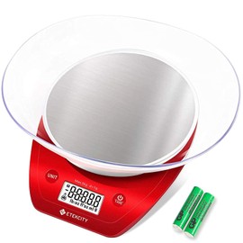 Etekcity Báscula de cocina de alimentos de 0,1 g, tazón, gramos digitales y onzas para perder peso, dieta, hornear, cocinar y preparar comidas, 11 libras/5 kg, acero inoxidable, rojo