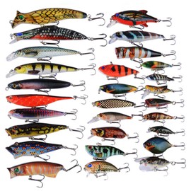 RoseFlower 28 PCS Fishing Lure Kit, ABS Plastic Hard Bait Set with 3D Bionic Eyes & Inner Ball, Various Sizes Minnow & Vibration - Fishing Gear Set, Lure Tackle Box