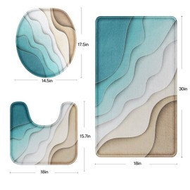 Britimes Bathroom Rug Set of 3, 3 Pieces Bath Mats Set for Bathroom, Abstract Blue Beach No Silp Washable Cover Floor Rug Decorations for Kitchen Bathroom Bedroom