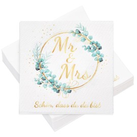 100 Napkins Wedding Table Decoration Mr & Mrs Eucalyptus - Schön, dass du da bist Serviettes, 3-Ply 33 x 33 cm Napkins for Weddings, Anniversaries, Table Decoration