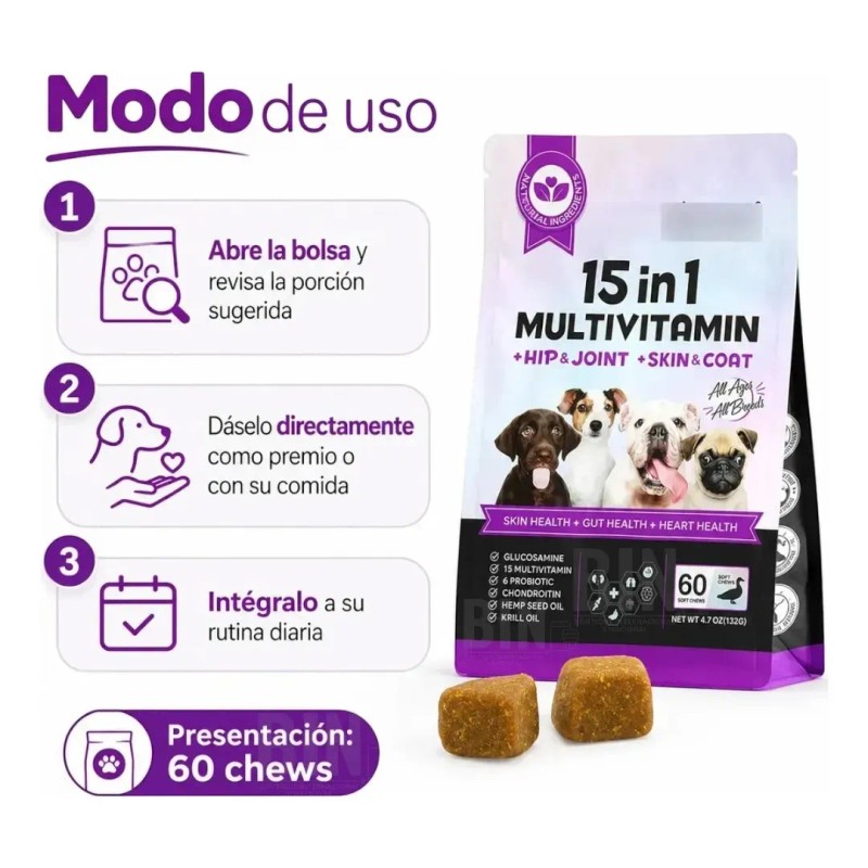 60 Multivitamínico Perros Refuerza Salud Articular 15 En 1