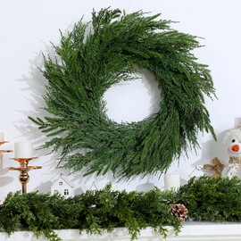 Wavwavw 24" Christmas Wreath Artificial Large Wreath Christmas Decoration for Front Door Real Touch Artificial Green Decoration for Xmas Winter Farmhouse Home Decor (Norfolk and Cedar)