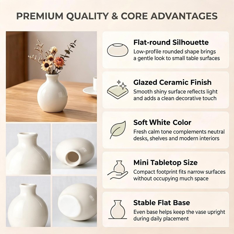 Mini White Ceramic Bud Vase Flat Round Glossy Table Decor